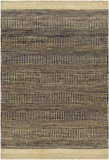Close-up of the Black Elle Area Rug, a hand-woven jute rug with a geometric black and beige striped pattern. Design-Rectangle-576