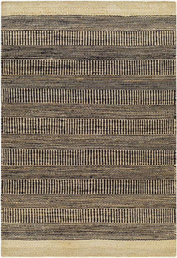 Close-up of the Black Elle Area Rug, a hand-woven jute rug with a geometric black and beige striped pattern. Design-Rectangle-576