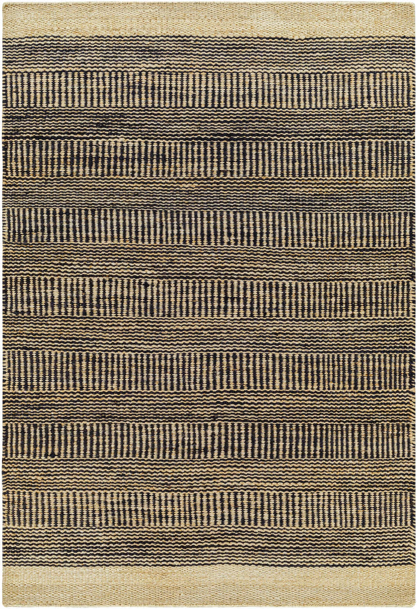Close-up of the Black Elle Area Rug, a hand-woven jute rug with a geometric black and beige striped pattern. Design-Rectangle-576