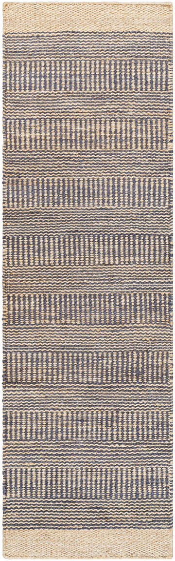 Close-up of the Blue Elle Area Rug, a hand-woven jute rug with a geometric pattern in denim blue and natural. Design-Runner-268