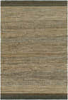 Close-up of Gray Elle Area Rug. Hand-woven jute rug with geometric, Scandinavian pattern in black, tan, and denim hues. Design-Rectangle-576