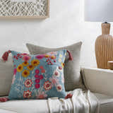 Florin Dusty Blue Floral Nature Pattern Cottage Cotton Accent Pillow