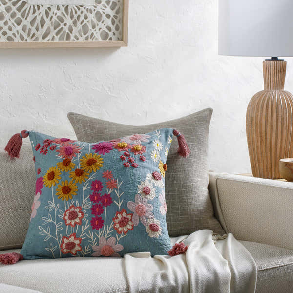 Florin Dusty Blue Floral Nature Pattern Cottage Cotton Accent Pillow - Clearance