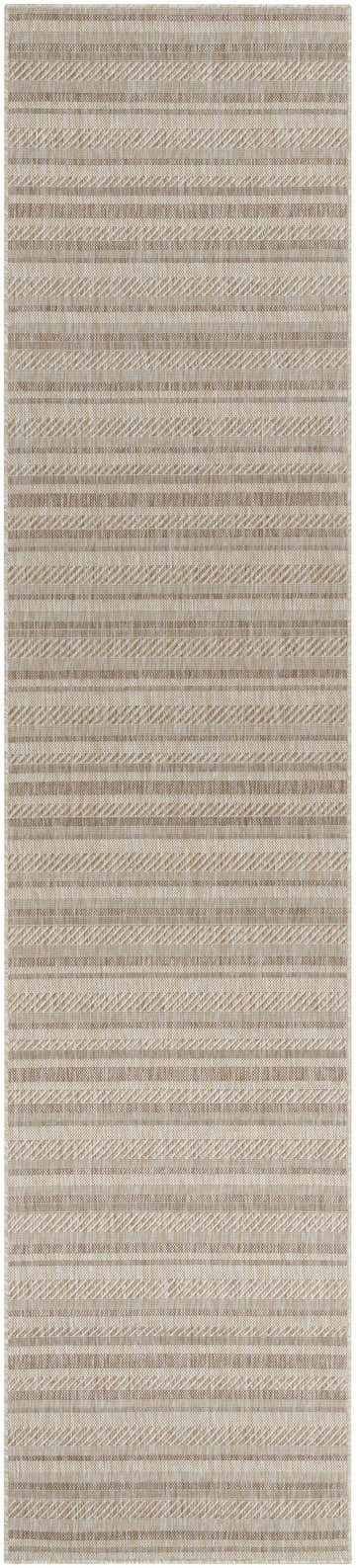 Close-up of Sultanhisar Striped Nordic Rug. Woven texture with cream, khaki, and light brown stripes. Bohemian farmhouse style. Design-Runner-2712