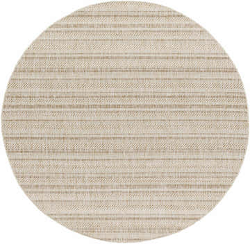 Close-up of a round Sultanhisar Striped Nordic Rug. Cream and light brown woven stripes create a textured, neutral pattern. Design-Round-67