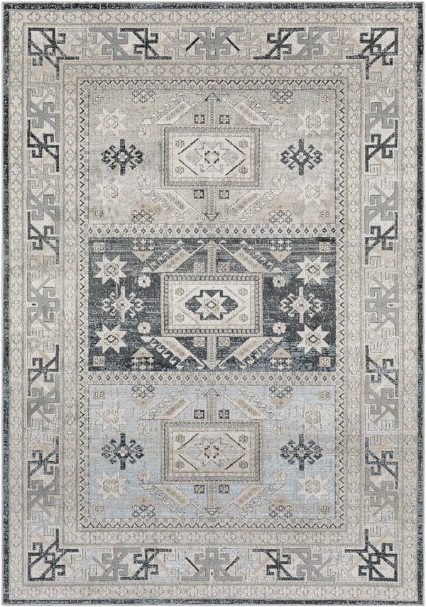 Detailed Sultanbeyli Area Carpet in black, cream, gray, peach, taupe, and teal with a traditional geometric pattern. Design-Rectangle-5373