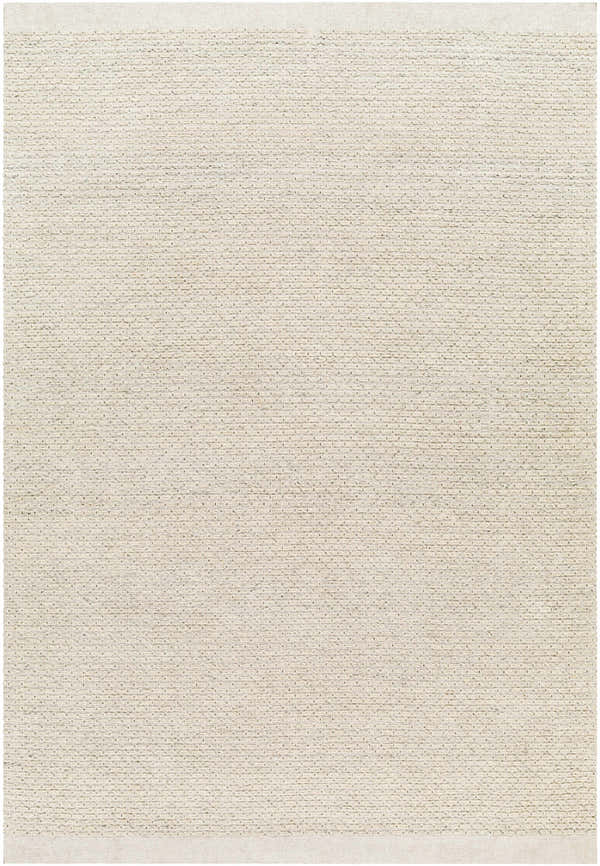 Close-up of a hand-woven Cream Emlen Area Rug. The 100% wool rug has a subtle texture and a bone-colored border. Design-Rectangle-576