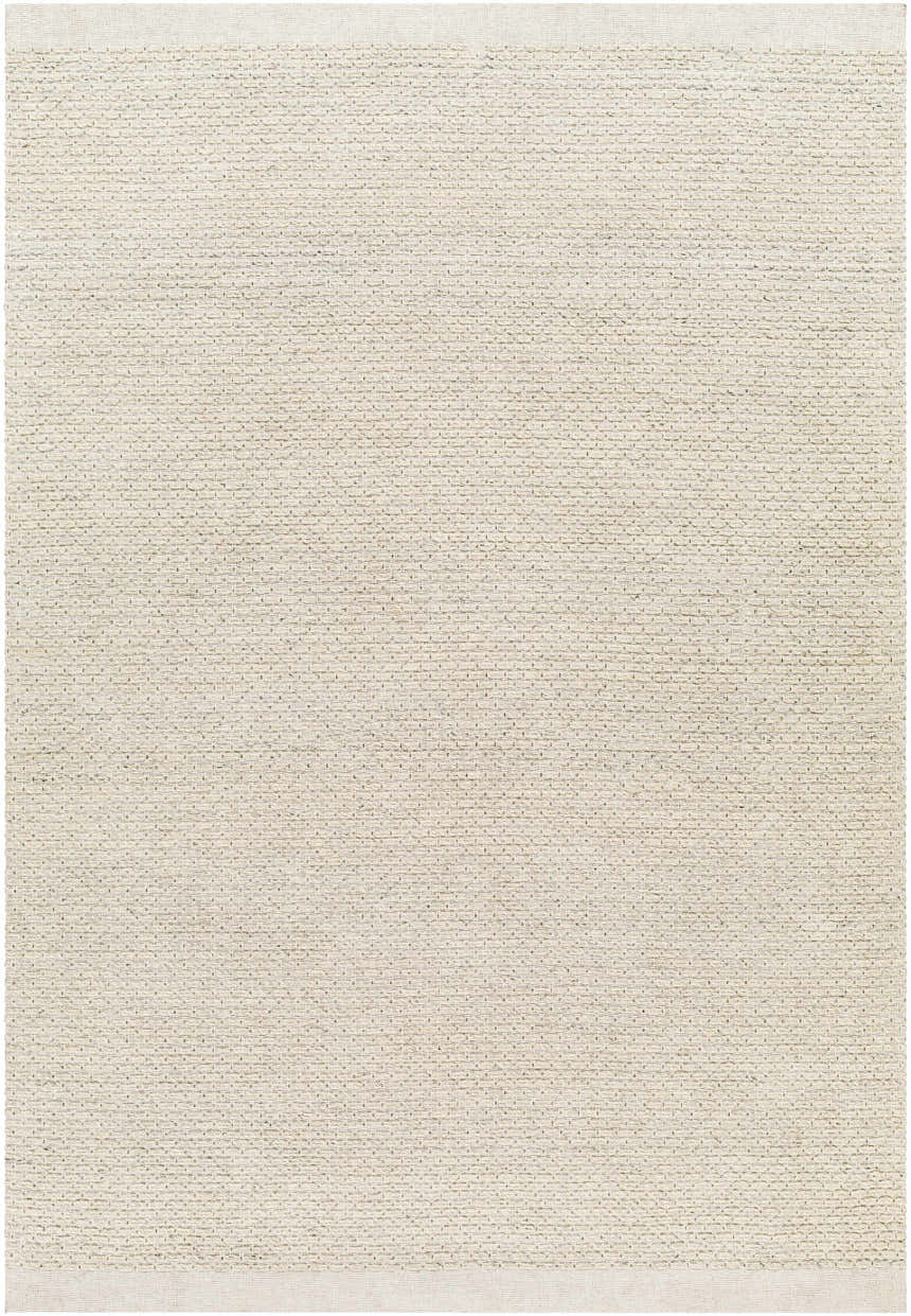 Close-up of a hand-woven Cream Emlen Area Rug. The 100% wool rug has a subtle texture and a bone-colored border. Design-Rectangle-576