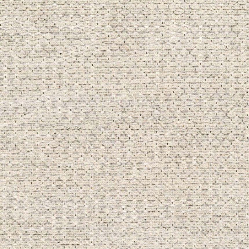 Close-up of the Cream Emlen Area Rug showing the hand woven texture and subtle bone and gray pattern. 100% Wool rug detail. Swatch