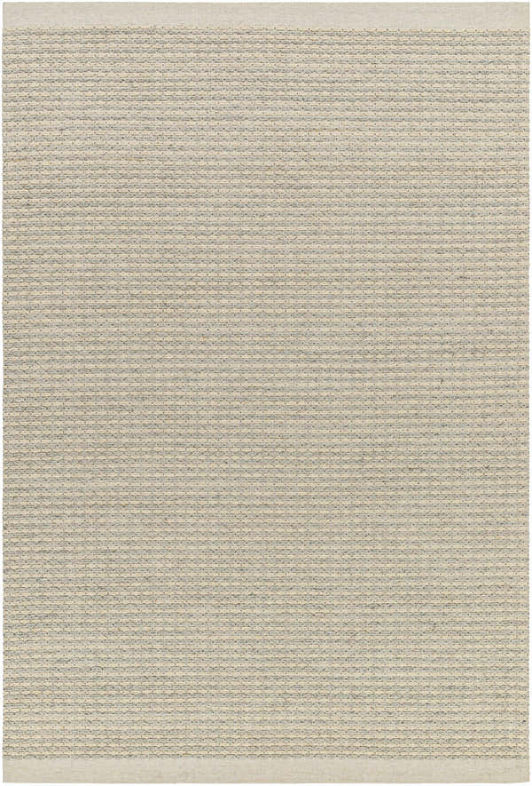 Close-up of the hand-woven Emlen Beachhouse Area Rug. Beige and gray wool rug with a subtle, textured, farmhouse design. Design-Rectangle-576
