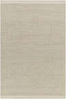 Close-up of the hand-woven Emlen Beachhouse Area Rug. Beige and gray wool rug with a subtle, textured, farmhouse design. Design-Rectangle-576