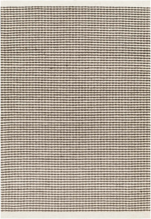 Close-up of the Black Emlen Area Rug showing its hand woven texture and black and cream horizontal stripes. Design-Rectangle-576