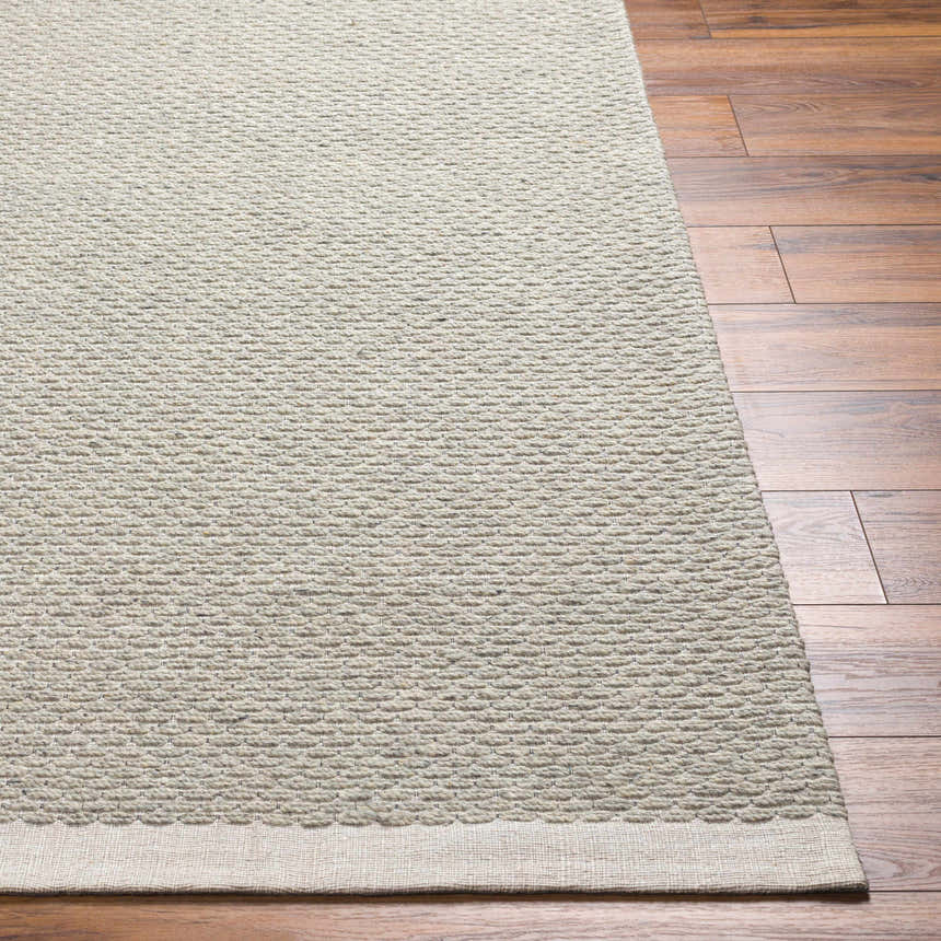 Close-up of the Light Brown Emlen Area Rug showing the hand woven texture and neutral colors on hardwood flooring. Front