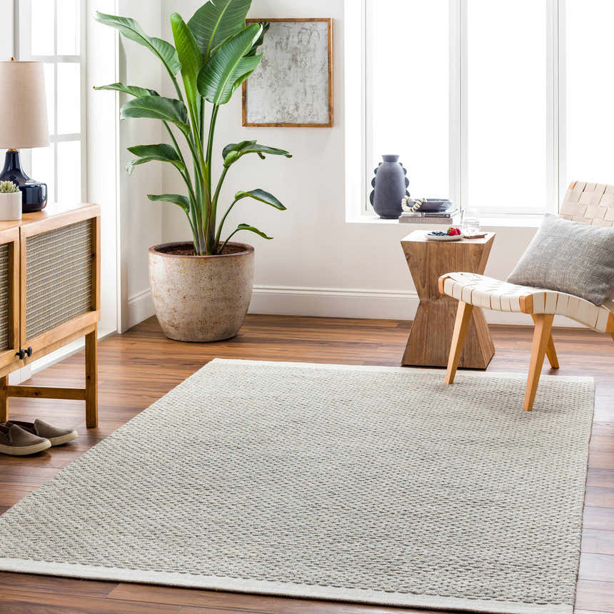 Living room scene with a light brown Emlen Area Rug, wood floors, woven cabinet, and a woven chair near a bright window. Roomscene-Rectangle