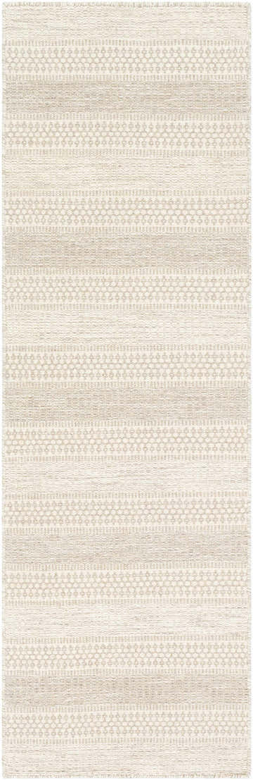 Close-up of the Silverthorne Wool Area Rug showing its cream and gray horizontal bands and hand-woven texture. Design-Runner-268