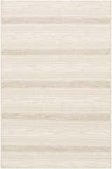 Close-up of the Silverthorne Wool Area Rug. Cream and medium gray stripes with geometric patterns. Hand woven texture. Design-Rectangle-576