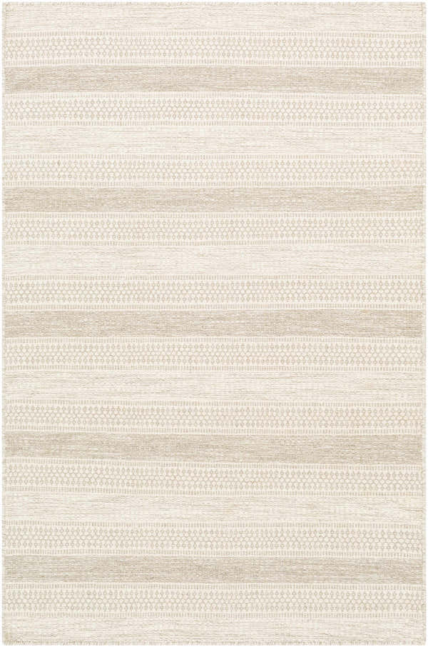 Close-up of the Silverthorne Wool Area Rug. Cream and medium gray stripes with geometric patterns. Hand woven texture. Design-Rectangle-576