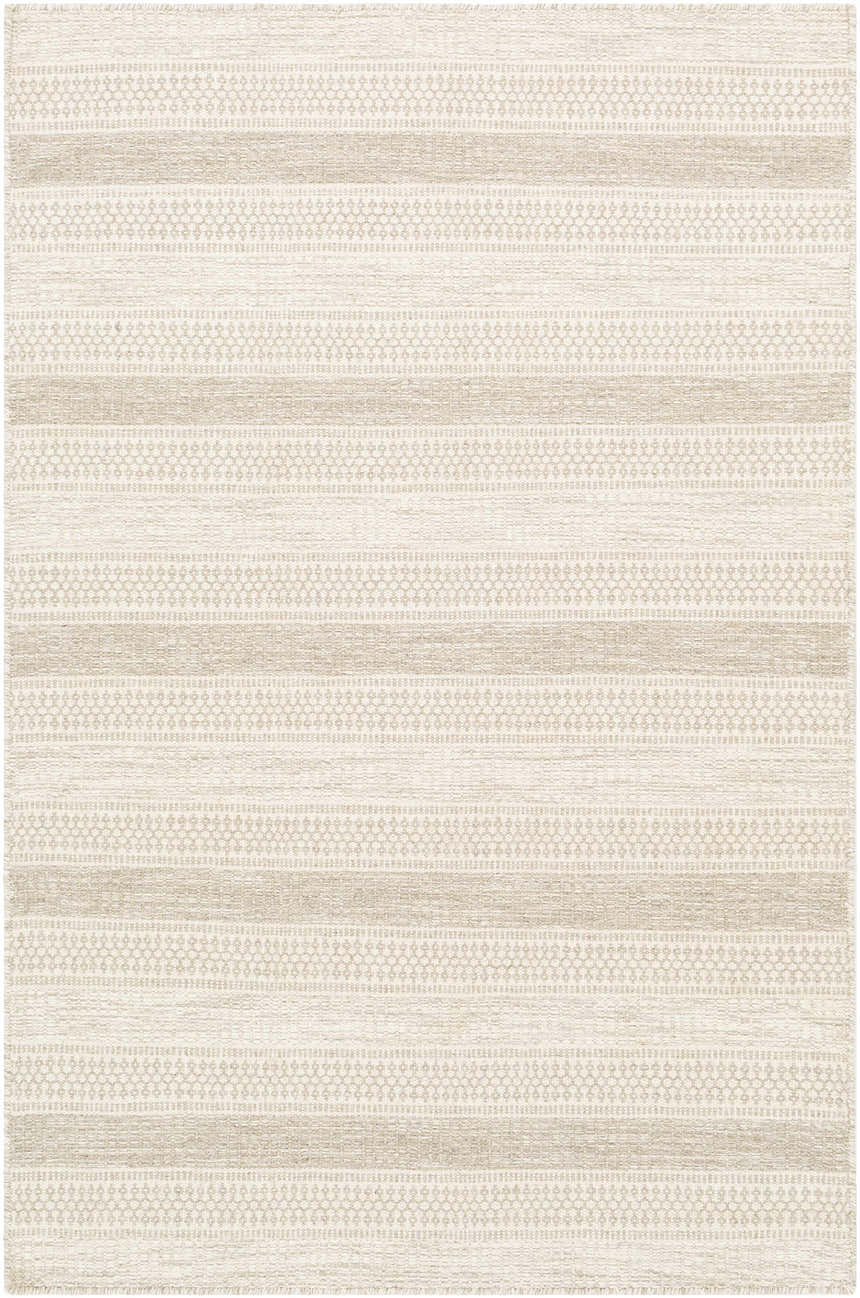 Close-up of the Silverthorne Wool Area Rug. Cream and medium gray stripes with geometric patterns. Hand woven texture. Design-Rectangle-576