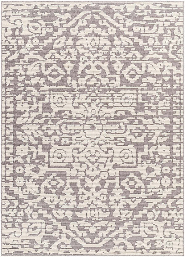 Close-up of the Beren Gray Washable Area Rug, featuring a traditional bone and gray pattern and machine woven texture. Design-Rectangle-57