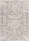 Close-up of the Beren Gray Washable Area Rug, featuring a traditional bone and gray pattern and machine woven texture. Design-Rectangle-57