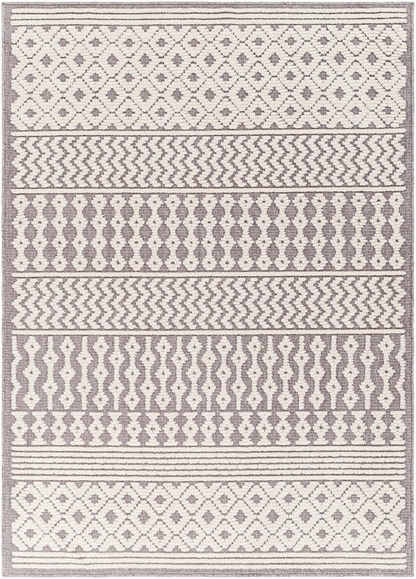 Close-up of Drago Gray 3D Area Rug. Features bone and gray geometric patterns with a textured, machine-woven construction. Design-Rectangle-57