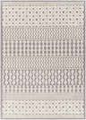 Close-up of Drago Gray 3D Area Rug. Features bone and gray geometric patterns with a textured, machine-woven construction. Design-Rectangle-57