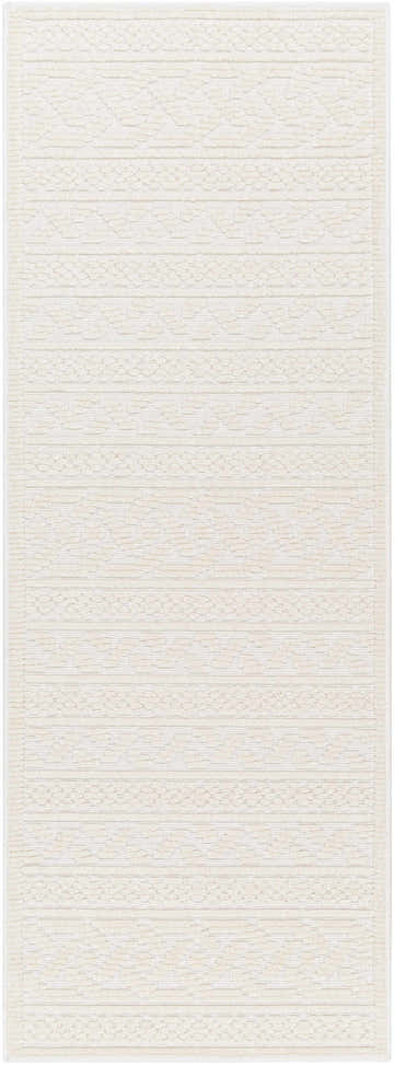 Close-up of the Fadey White 3D Washable Rug. Features a subtle geometric pattern and soft, plush texture in off-white tones. Design-Runner-2772