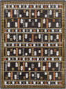 Close-up of Kade Washable Area Carpet featuring a geometric, Southwestern pattern in dark beige, sage, lambswool, and gray. Design-Rectangle-57