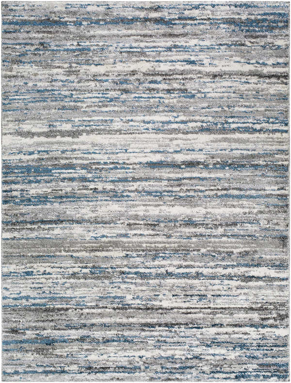 Close-up of the Skule Gray & Blue Area Rug, featuring a horizontal striped pattern in gray, silver, and blue hues. Design-Rectangle-5373