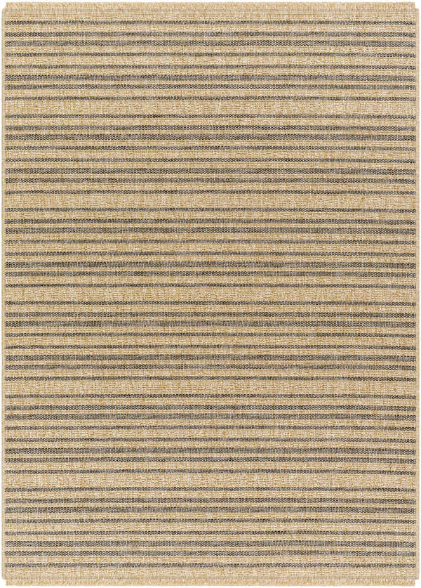 Close-up of the Aphea Indoor & Outdoor Rug. Khaki and tan rug with a subtle striped pattern and woven texture. Design-Rectangle-537