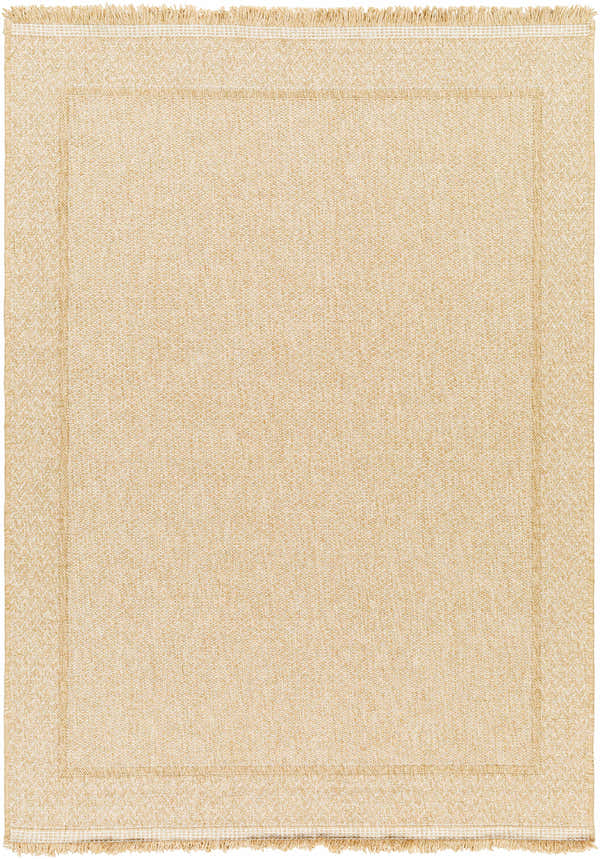 Close-up of the Dorie Indoor Outdoor Rug in camel. Machine woven polypropylene rug with fringe detail. Design-Rectangle-537