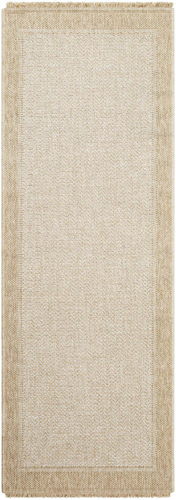Close-up of the Endre Bone Indoor & Outdoor Area Rug, showing a subtle herringbone pattern and textured beige border. Design-Runner-2773