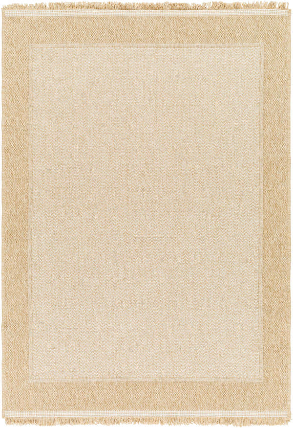 Close-up of the Endre Bone Indoor & Outdoor Area Rug. Beige and bone tones with a subtle herringbone pattern and fringed edges. Design-Rectangle-537