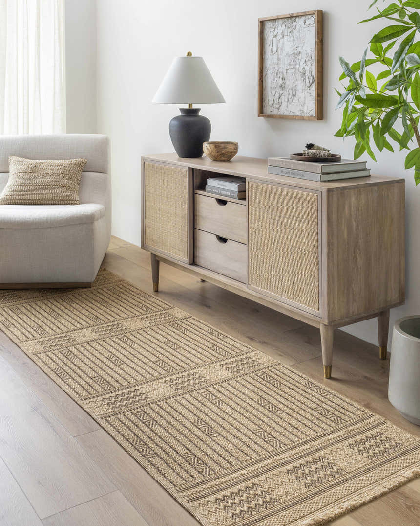 Entryway with lambswool Gerik Faux Jute Rug runner, light wood console table, chair, and plant. Farmhouse style. Roomscene-Runner