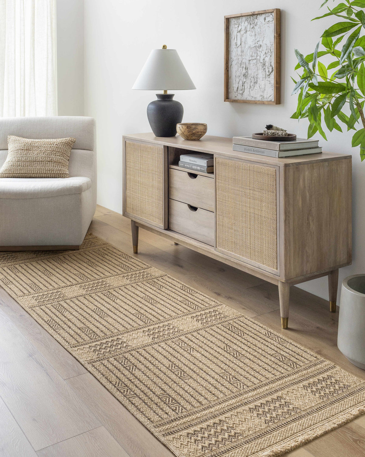 Entryway with lambswool Gerik Faux Jute Rug runner, light wood console table, chair, and plant. Farmhouse style. Roomscene-Runner