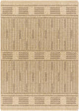 Close-up of the Gerik Faux Jute Rug. Lambswool and light brown rug with farmhouse style stripes and geometric details. Design-Rectangle-537