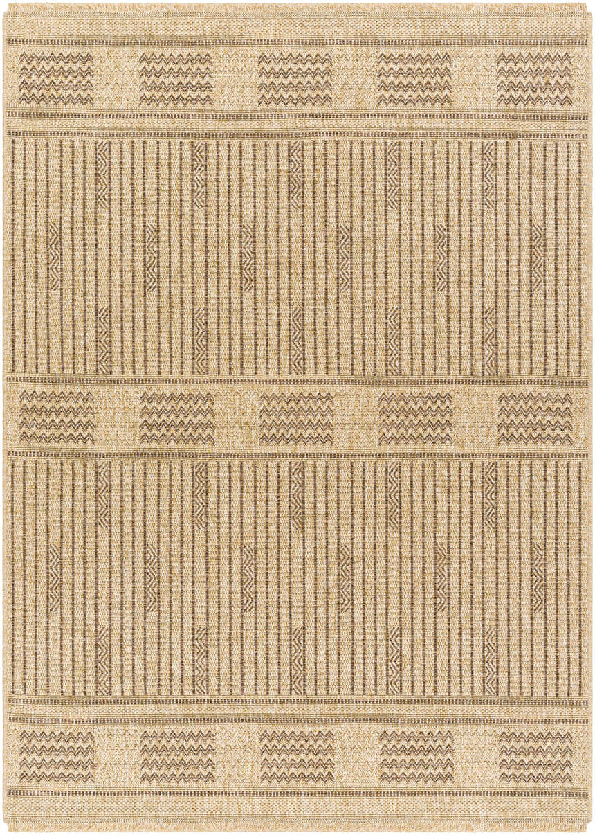 Close-up of the Gerik Faux Jute Rug. Lambswool and light brown rug with farmhouse style stripes and geometric details. Design-Rectangle-537