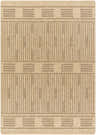 Close-up of the Gerik Faux Jute Rug. Lambswool and light brown rug with farmhouse style stripes and geometric details. Design-Rectangle-537