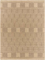 Close-up of the Gerik Faux Jute Rug. Lambswool and light brown rug with farmhouse-style stripes and geometric patterns. Design-Rectangle-71010