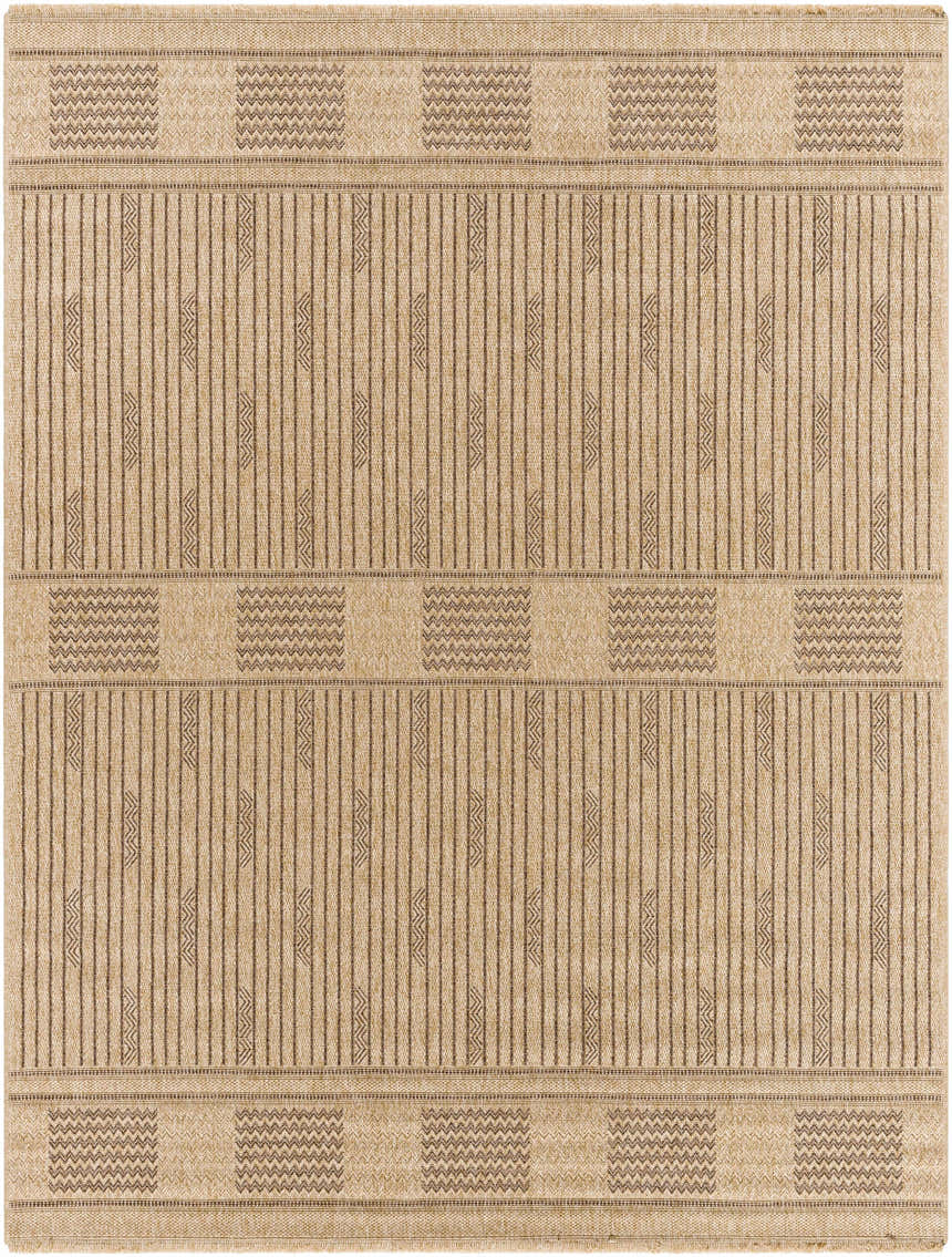 Close-up of the Gerik Faux Jute Rug. Lambswool and light brown rug with farmhouse-style stripes and geometric patterns. Design-Rectangle-71010
