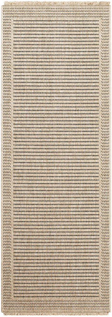 Close-up of the Giada Indoor & Outdoor Rug showing its oatmeal color and woven texture with dark brown accents. Design-Runner-2773