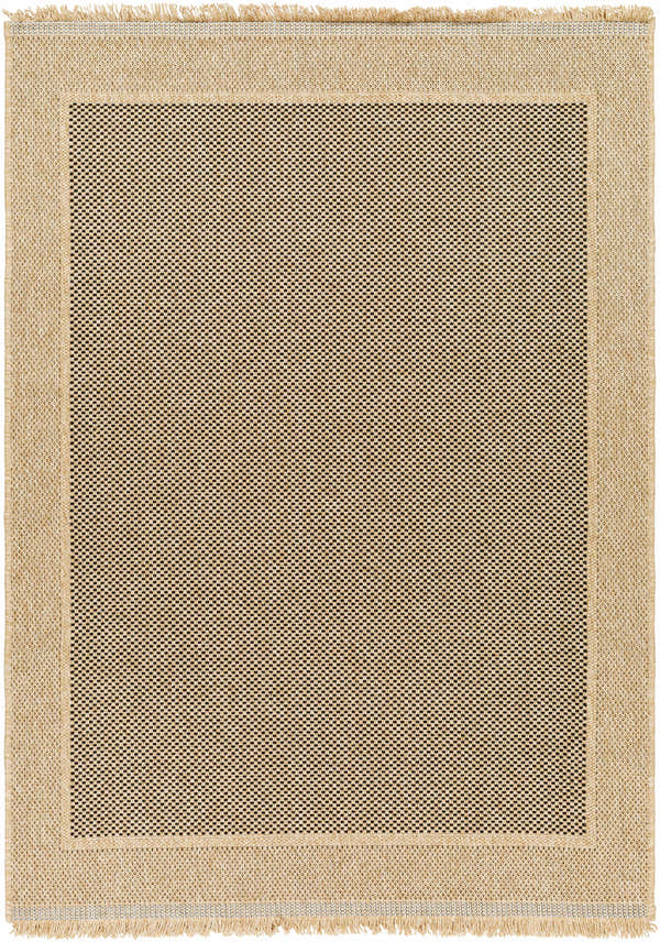Close-up of a Giles Indoor Outdoor Rug. Tan border with fringe, brown and tan checkered pattern. Farmhouse style. Design-Rectangle-537
