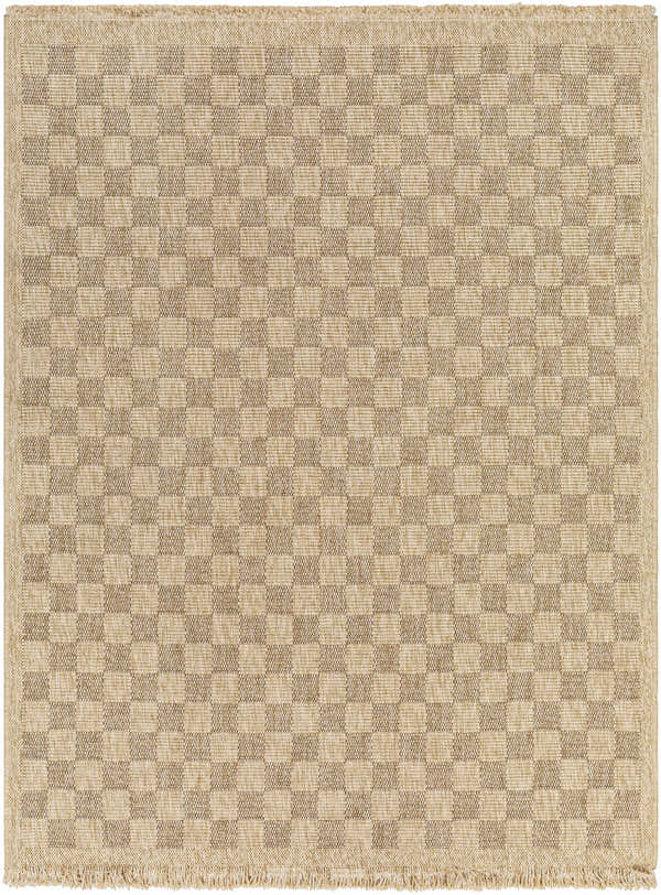 Close-up of the Jurek Beige Checkered Area Rug. Tan and khaki squares create a farmhouse-style checkerboard pattern. Design-Rectangle-537