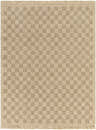 Close-up of the Jurek Beige Checkered Area Rug. Tan and khaki squares create a farmhouse-style checkerboard pattern. Design-Rectangle-537