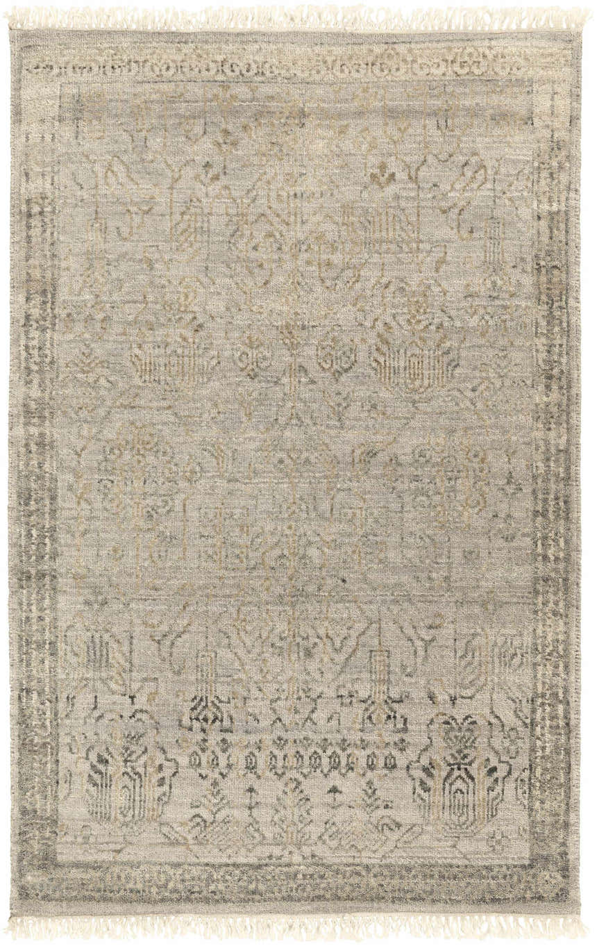 Close-up of the hand-knotted Petra 2x3 Carpet. Features a contemporary taupe, gray, and brown pattern and wool texture. Design-Rectangle-23