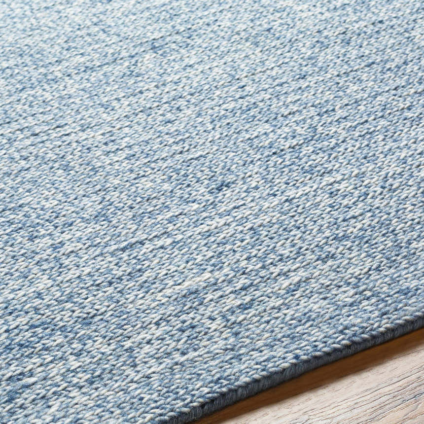 Close-up of the hand woven Alyra Light Blue Solid Area Rug, showing wool texture and subtle color variations. Texture