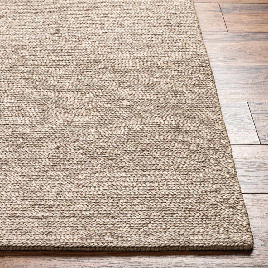 Close-up of the hand-woven Alyra Tan Solid Area Rug on a wood floor, showing its neutral tan color and textured weave. Front
