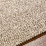 Close-up of the Alyra Tan Solid Area Rug showing its hand woven texture and neutral brown color on a wood floor. Texture