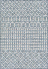 Close-up of Blue Ivory Summit Indoor Outdoor Area Rug with a geometric diamond and medallion pattern. Design-Rectangle-5373