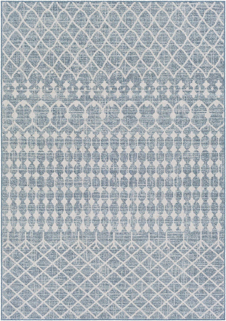 Close-up of Blue Ivory Summit Indoor Outdoor Area Rug with a geometric diamond and medallion pattern. Design-Rectangle-5373